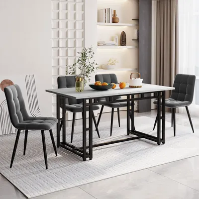 Immagine prodotto di MODFU Set da pranzo con tavolo 140x80 cm e sedie (5 pezzi) Set da cucina con tavolo da cucina e sedie da sala da pranzo, velluto, grigio e nero
