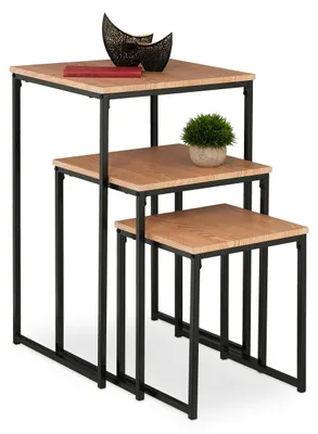 Beistelltisch-Set 3er, stapelbar, quadratisch, Metall, hellbraun/schwarz
