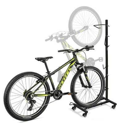 Image de Support à vélo Ikodm, modèle 3-en-1, pour garage. Support de stationnement pour vélo réglable en hauteur, avec roulettes à 360°, et support mobile en acier pour vélos de 24 à 29 pouces, de couleur noire