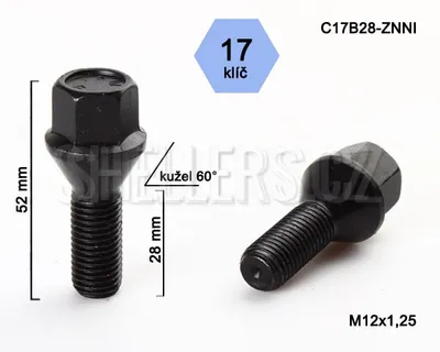 Obrázok produktu pre Kolový šroub M12x1,25x28 kužel, kľúč 17, C17B28-BLACK, čierny, výška 52 mm