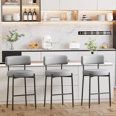 Image de Ensemble de 3 tabourets de bar, hauteur d'assise de 63,5 cm, revêtus en similicuir gris, avec dossier