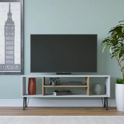 TV-Standard mit Wandmontage, Weiß & Eiche, 120x25x46,6 cm
