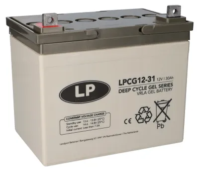 A white battery with gray top and black terminals, set against a white background.