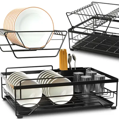 Obrázek produktu pro Odkapávač na talíře Odkapávač na nádobí Dvoupatrový stojan na nádobí Stojan na nádobí Kuchyňský stojan na nádobí s košem na příbory Retoo