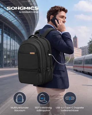 Produktbild von SONGMICS Business Laptoprucksack für 17,3 Zoll, mit USB-Anschluss und Diebstahlschutz, 48 x 35 x 20 cm, Schwarz