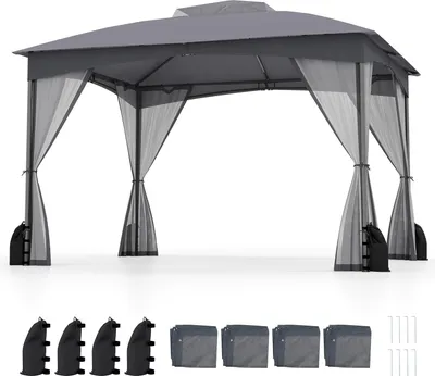 Produktbild von COSTWAY Pavillon 3x3,6m, Gartenpavillon mit 4 Sandsäcken, 4 Moskitonetz, Doppeldach & Tragetasche, Partyzelt wasserdicht, stabil, winterfest Grau