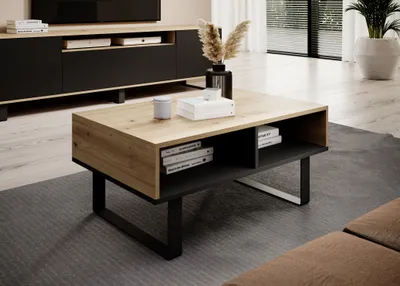 Produktbild von Loft Couchtisch 90 cm, Wohnzimmertisch, Artisan/Schwarz Tischplatte,  Moderner Kaffeetisch, Metallfüße, "Masimo"