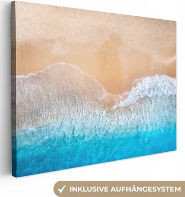 Produktbild von MuchoWow® - Leinwandbilder - Strand - Meer - Sand - Sommer - Blau - Wellen, Wandbild, Wanddeko Bilder Wohnzimmer, 120x90cm