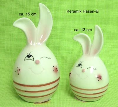 Produktbild von Keramik Deko-Ei ca. 12 cm mit roten Streifen und Hasengesicht