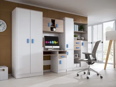 Obrázok produktu pre Wohnwand Anbauwand Schrankwand TV-Lowboard Sideboard Kinderzimmerwohnwand Markus (blaue Griffe)