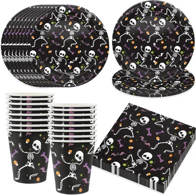Imagen del producto de Conjunto de vajilla para fiestas - Set de vajilla para Halloween - Para 16 invitados - Platos - Calavera