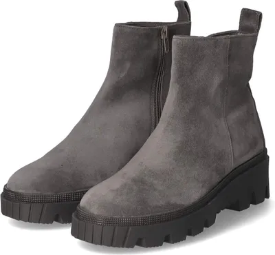 A pair of gray suede ankle boots with thick black soles are shown against a white background.