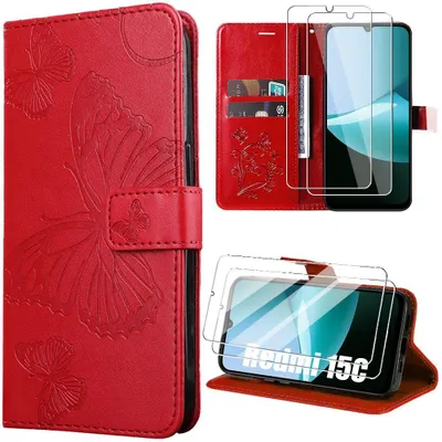 Image de Coque + 2 Verres Trempés pour Xiaomi Redmi 15C 4G/5G, Cuir Synthétique Motif Papillons - Rouge