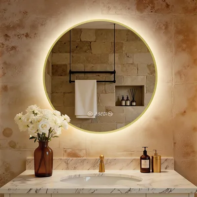 Immagine prodotto di S'AFIELINA Specchio da bagno LED Rotondo 70cm, touch, antiappannamento, dimmerabile, orologio, temperatura, memoria, oro