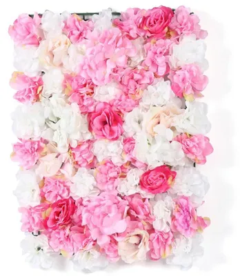 Immagine prodotto di Pannello decorativo a parete con fiori artificiali – Ideale per sfondo di matrimoni – Set di 20 pannelli in plastica con fiori – Decorazione per fotobox da interno – Forma quadrata – Colore rosa