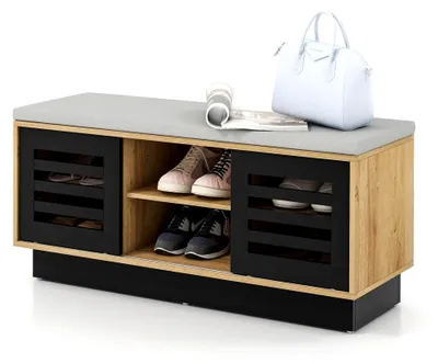 Produktbild von Schuhbank mit Schubladen, gepolstertem Sitz, 3 verstellbaren Einlegeböden und 2 Schiebetüren, Schuhregal aus Holz für Flur, Eingang, 99,5 x 34,5 x 46 cm