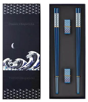 Immagine prodotto di Bastoncini per cibo in metallo, 2 paia, acciaio inossidabile, colore blu, con supporto, adatti al lavaggio in lavastoviglie, lunghezza 23,5 cm
