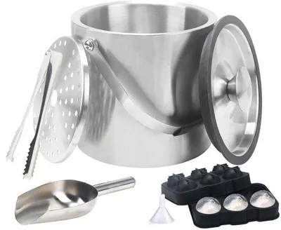 Produktbild von Unyqoos® Eiseimer aus Edelstahl 4 L, 4‑teiliges Set mit Deckel & Zubehör (Eisschaufel, Eiszange, Sieb), doppelwandig, lebensmittelecht, gebürstet