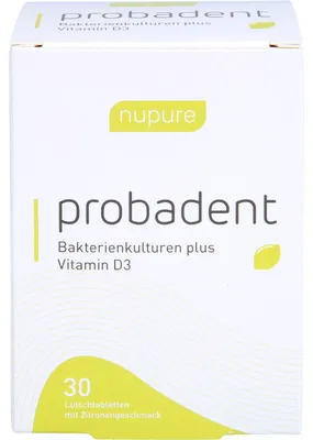 Produktbild von Nupure probadent, Behälter, Tablets, 30 Stück(e), Zitrone, Füllstoff: Isomalt, Bakterienstamm: Lactobacillus salivarius, Überzugsmittel: Mono- und..., Erwachsene nehmen täglich eine nupure probadent Lutschtablette. Idealerweise sollte die Tablette...