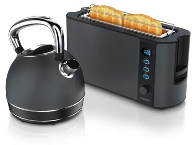 Produktbild von Arendo Frühstücks-Set, Wasserkocher Edelstahl 1,7l, 2 Scheiben Langschlitztoaster, Toaster 2 Scheiben, Frühstücksset, Wasserkocher Retro, 2200W, Brötchenaufsatz, Cool Grey