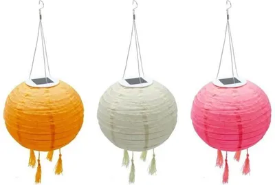 Image de Lot de 3 lampion solaire lanterne chinoise 3 couleurs rose crème et orange LED blanc chaud SHANGRI LA ∅20cm