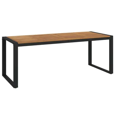 A rectangular table with a wooden top and black metal legs, isolated on a white background.