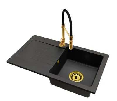 Produktbild von Granit Küchenspüle LEON Einbecken mit Abtropffläche inkl. Armatur Vento Gold und Raumsparsiphon Gold