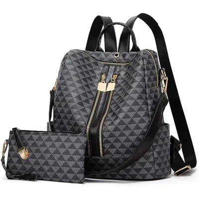 Produktbild von OKWISH Damen Rucksack aus Kunstleder mit Wallet,Lederrucksack mit Schultergurt als Umhängetasche,Elegant Backpack Große Mode Bag für Arbeit Schule Rei