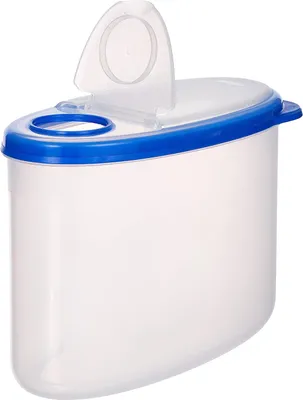 A transparent oval storage container with a blue lid and a flip-top opening.