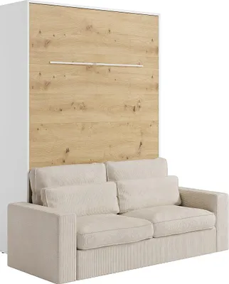 Produktbild von Schrankbett + Sofa + Matratze - 140 x 200 cm - Manuelle vertikale Öffnung - Mit LED-Beleuchtung - Weiß & Holzfarben - RAPILI