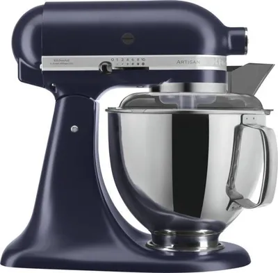 A dark blue KitchenAid Artisan stand mixer with a silver bowl is shown against a white background.
