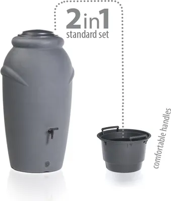 A grey rain barrel and a grey bucket are shown next to each other, with dotted lines connecting them to a text box that says '2in1 standard set'.