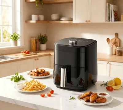 Obrázek produktu pro AIORBER 6L horkovzdušná fritéza s průhledovým okénkem, 1350 W, cirkulace vzduchu 360°, energeticky úsporná, časovač 60 min, vaření s nízkým obsahem tuku, černá