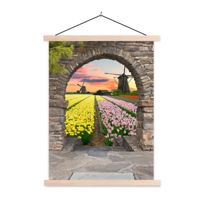Produktbild von MuchoWow® Textilposter Tulpen - Blumen - Mühle - Ansicht 120x160 cm mit holzfarbenen Rahmen - Plakatkarton