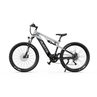 A studio shot of an electric mountain bike against a white background.