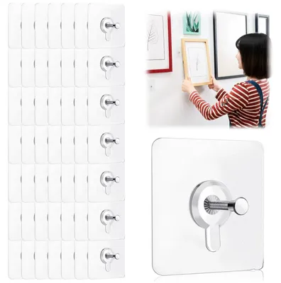 Produktbild von 50 selbstklebende Aufhängehaken, selbstklebende Nägel, zum Aufhängen von Fotos ohne Bohren, transparente, wasserfeste selbstklebende Haken für Fotos, Poster, Gemälde und Dekorationsbilder