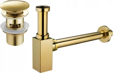 Produktbild von Mexen quadratischer Waschbecken-Halbsiphon mit Klick-Klack-Stöpsel, mit Überlauf, Gold - 7992060-50