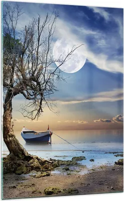 Produktbild von Bilder auf glas - Einteilig - Nacht Mond Boot - 70x100cm - Glasbilder - Wandbilder - Bilder - zum Aufhängen bereit - Wanddekoration aus Glas - Glas Bilder - Wandbild auf Glas - GPA70x100-3457