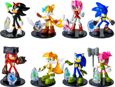 A collection of Sonic the Hedgehog character figurines displayed against a white background.