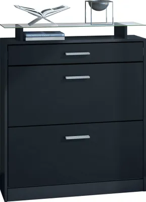 Produktbild von Vladon Schuhschrank Loret, Schuhkipper für 16 Paar Schuhe mit 2 Klappen und 1 Schublade und Glasablage, Schwarz matt/Schwarz matt (89 x 104 x 23 cm)