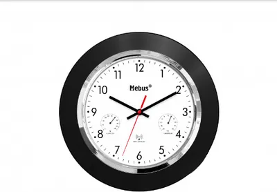 A Mebus wall clock with a black frame, white face, and two smaller dials for temperature and humidity.