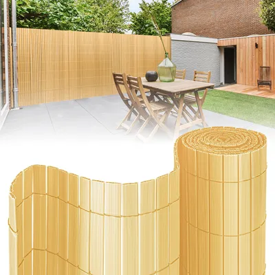 Produktbild von Clanmacy PVC Sichtschutzmatte, Sichtschutzzaun mit Kabelbindern, Wetterfest Sichtschutz Garten Balkon Terrasse Sichtschutzzaun, Interne W-Struktur Verstärkte Lamellen, Bambus 0,9 x 4m