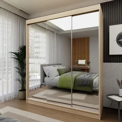 Zdjęcie produktu dla Szafa przesuwna 180cm Mirage Trzydrzwiowa drewniana szafa z lustrami Garderoba z lustrem i półkami Lustrzana szafa przesuwna z wieszakiem Duża szafa z lustrem duża szafa z szufladami, Szerokość: 180cm, Kolor: dąb Sonoma, Szuflady: 2 szuflady