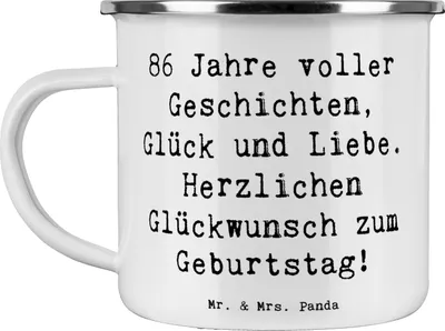 Produktbild von Mr. & Mrs. Panda Teebecher Spruch 86. Geburtstag - Weiß - Geschenk, becher emaille, Handgemacht, Teetasse, Happy Birthday, 86 Jahre, Pott, Tasse, Geschichten