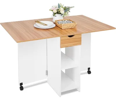 Produktbild von Mobiler Klapptisch Esstisch mit Schublade und Ablagen, Weiß/Roteiche, 72 x 120 x 75 cm