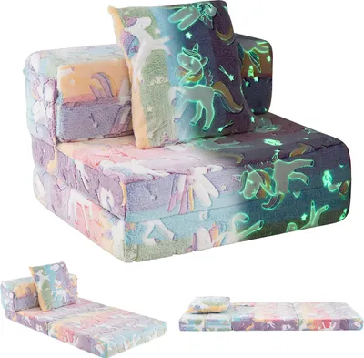 Zdjęcie produktu dla Sofa dziecięca COSTWAY 3 w 1 świecąca w ciemności, fotel dziecięcy z poduszką i pokrowcem, sofa dziecięca z funkcją spania, sofa do pokoju dziecięcego, kolorowa