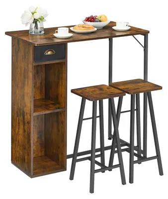 Produktbild von Essgruppe für 2 Personen - 3-teiliges Bartisch Set mit Hockern - Platzsparend - Stauraum unter Tischplatte - Metallgestell mit Holzplatte - Braun
