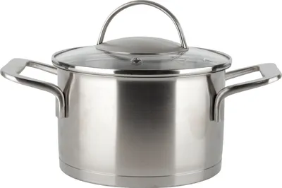 A stainless steel pot with a glass lid and two handles, shown from the front on a white background.