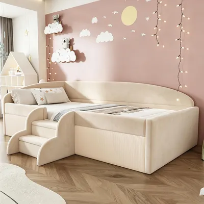 Produktbild von Merax Polsterbett Tagesbett 90×190cm mit Stufen und Schutzgitter, Sofabett Multifunktionsbett mit Samtstoff, Beige + Cremeweiß