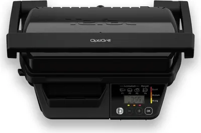A top-down view of a black electric grill.